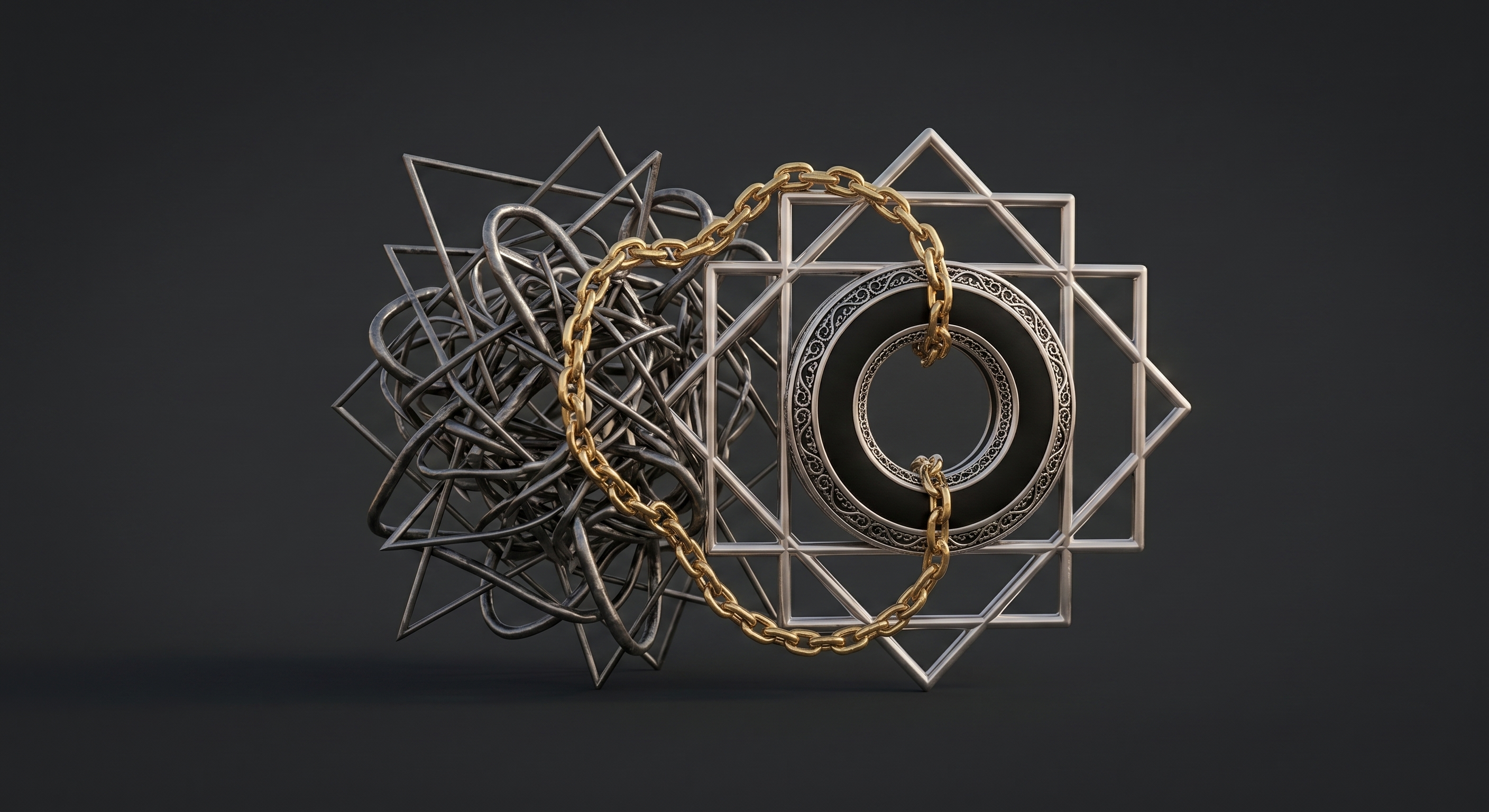 Avery Karlin's personal symbol — a tangle of intertwined iron forms on the left resolving into nested geometric squares and an ornate tungsten ring on the right, bound together by a golden chain.