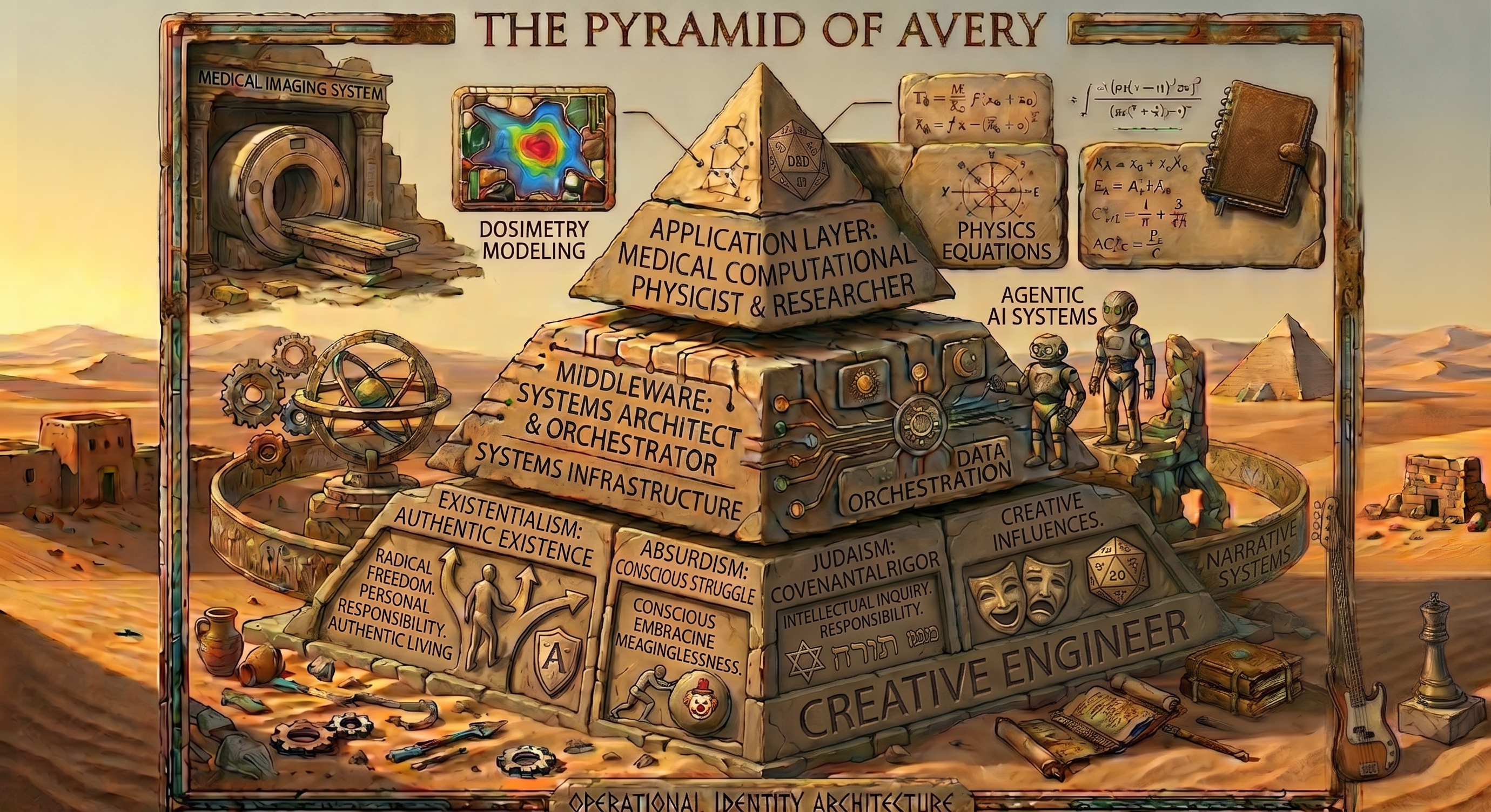 The Pyramid of Avery — a three-tier operational identity architecture. Apex: Application Layer, Medical Computational Physicist & Researcher (medical imaging, dosimetry modeling, diffusion MRI, outcome modeling). Middle: Middleware, Systems Architect & Orchestrator (data orchestration, agentic AI systems, pipelines & reproducibility, automation). Base: Foundation, Creative Engineer — the philosophical and cultural bedrock of existentialism, absurdism, Judaism, and creative influences.